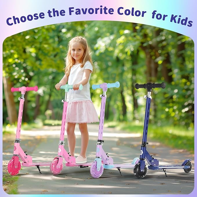 BELEEV V3 Scooter for Kids with Light-Up Wheels & Stem & Deck, 2 Wheel Folding Scooter for Girls Boys, 4 Adjustable Height, Lightweight Kick Scooter with Handy Kickstand for Children Ages 3-12