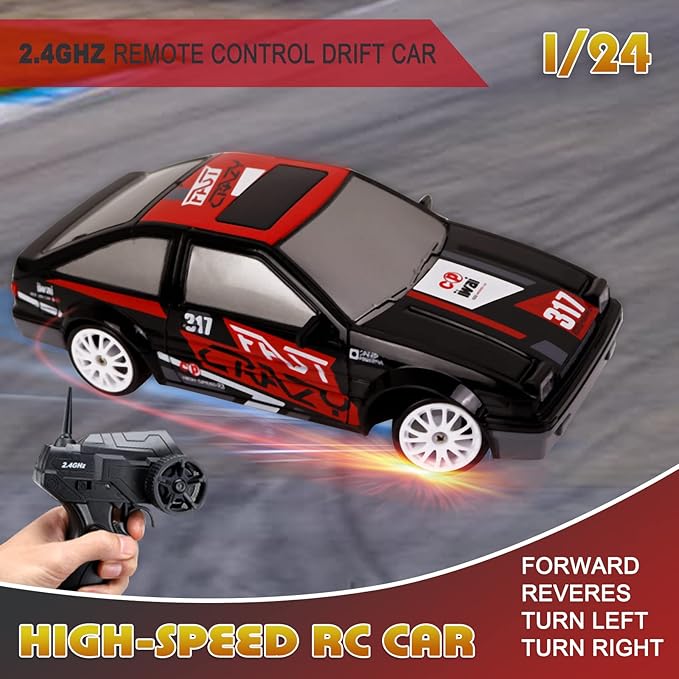 RC Drift Car Remote Control Car 2.4GHz 1:24 Scale 4WD 15KM/H High Speed Model Vehicle LED Lights Drifting Tire Racing Sport Toy for Adult Boys Girls Kids Gift 2Pcs Rechargeable Batterie