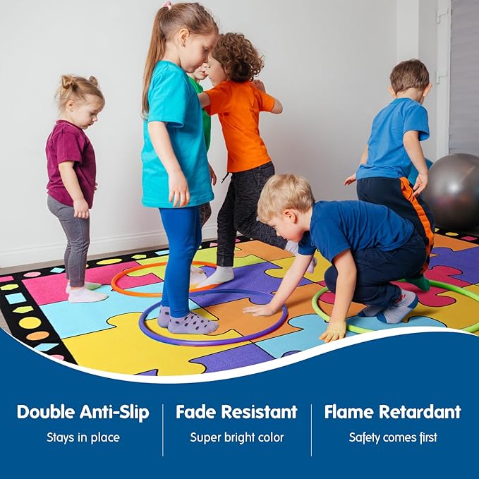 Booooom Jackson Classroom Rug 16 Seats 6'5" x 8'5" Kids Rug for Playroom Kindergarten Pre-K Preschool Homeschool Learning Library Reading Circle Time Activity Colorful Soft Non-Slip with Hard Floor