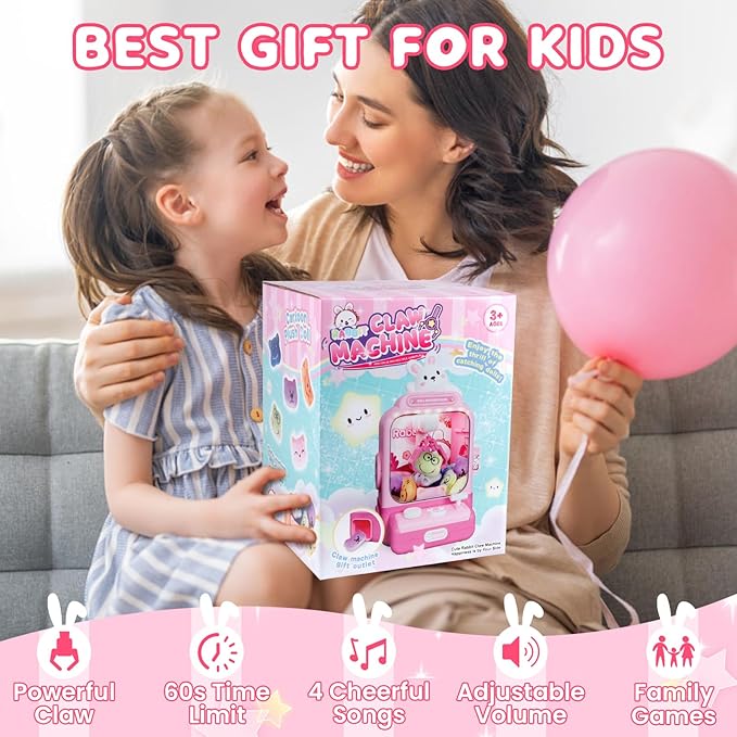 Claw Machine for Kids, Bunny Toy Glowing Arcade Game with LED Lights & Sound, Mini Rabbit Vending Machines Candy Grabber Prize Dispenser with Mini Plush Dolls, Home Party Easter Birthday Gifts