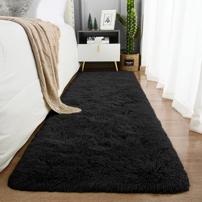 Ompaa Fluffy Runner Rugs, 2x4 Feet Black, Super Soft Shaggy Carpet Fuzzy Long Fur Rug for Bedroom Living Room Dorm, Plush Kids Playroom Baby Girls Nursery Decor Mats