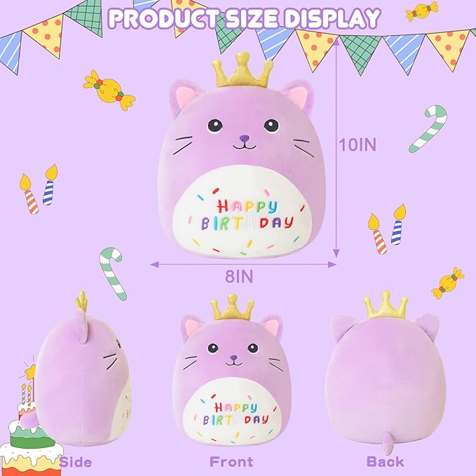 SQEQE Cat Stuffed Animal Kawaii Cat Plushie with Golden Crown Soft Kitty Stuffed Toy Birthday Party Decoration Gift for Kids Girls Boys(Purple Caticorn,10 Inch)