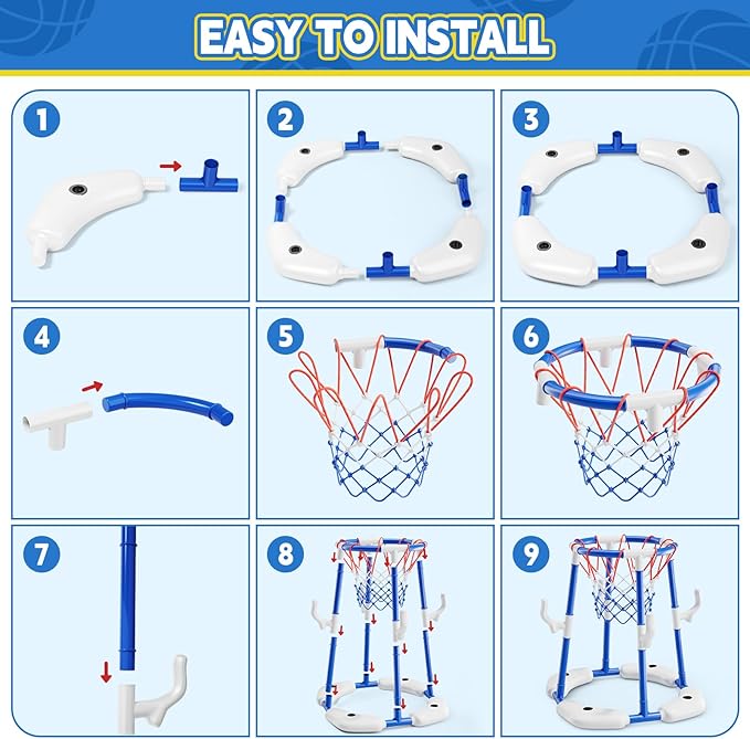 Pool Basketball Hoop, Floating Game with 6 Balls & Pump, Kids Pool Toys for Outdoor Summer Fun, Adjustable Height for Ages 4-8-12, Family Swimming Pool Accessory（Blue）