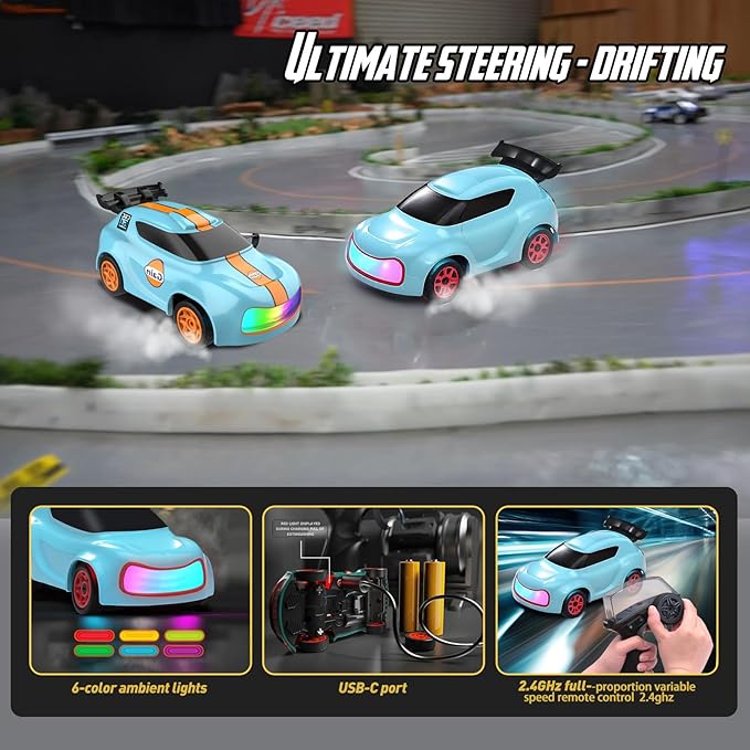 RC Drift Car 1/64 Scale Mini RC, 2.4Ghz Micro Turbo Racing 4WD Desktop Remote Control Rally Car with LED Lights for Adults Kid Toys Gift (Electric Blue Concept Model)