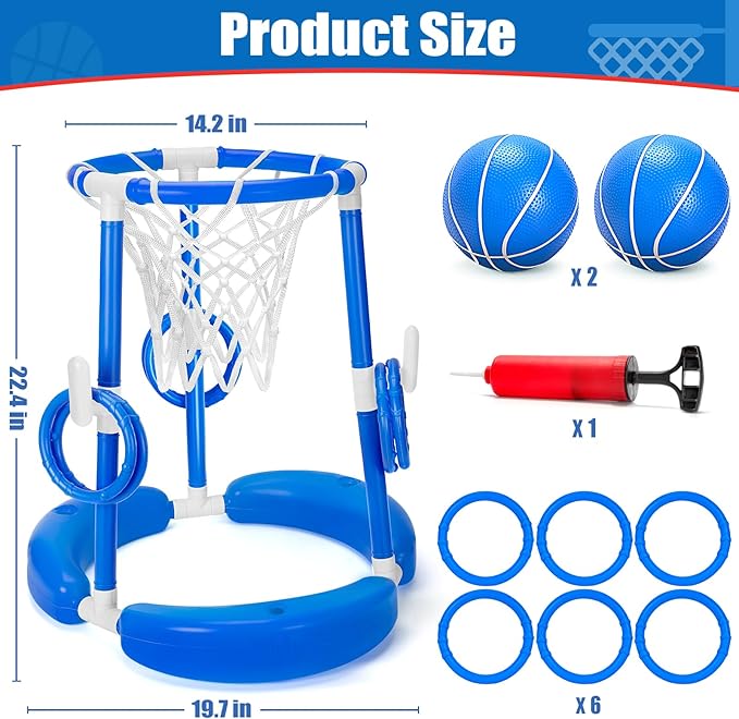GMAOPHY Pool Basketball Hoop, 2-in-1 Poolside Floating Pool Basketball Game, Swimming Pool Games for Kids Adults Indoor Outdoor Play, Water Play Toy Family Party, Includes Hoop, Balls, Pump, Blue