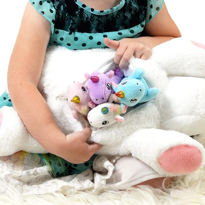 DreamsBe Unicorn Stuffed Animal with Mommy and 4 Baby Unicorns for Girls - Plush Mom Stuffie with Pocket for Babies in Her Tummy - Unicorn Gift for Girls Ages 3 4 5 6 7 8 9 Years
