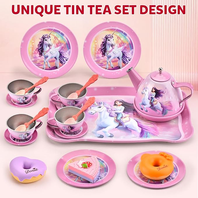 Toddlers Unicorn Tea Party Set for Little Girls, Pretend Tin Teapot Set, Princess Tea Time Play Kitchen Toy with Dessert, Doughnut, Carrying Case for Birthday Easter Gifts Age 3 4 5 6