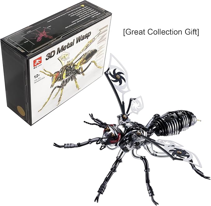 OreilleStar 3D Metal Puzzles for Adults, Model Kits of Northern Giant Hornet, Mechanical Wasp Building Blocks, Difficult DIY Assembly, Men's Birthday Gifts (3D Metal Wasp-Silver Black)