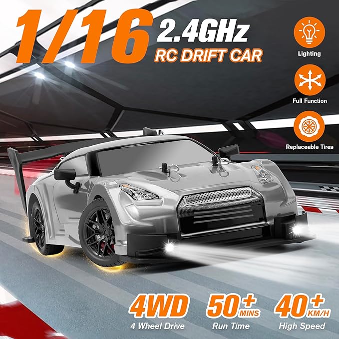 RC Drift Car, 1:16 Scale Drifting RC Cars, 2.4GHz 4WD RC Race Car, 40km/h High-Speed Remote Control Drift Car Vehicle, Racing Sport for Boys Girls Kids - 2 USB Rechargeable Batteries (Silver)
