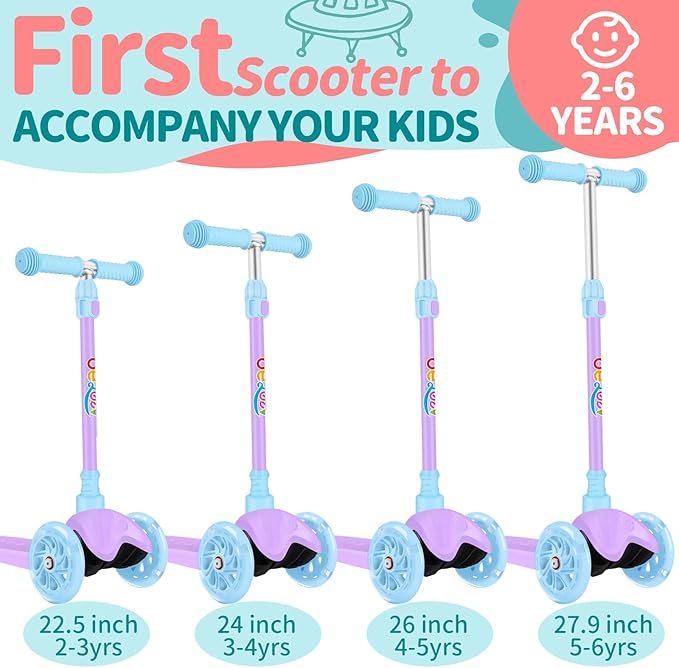 BELEEV A1 Scooter for Kids Ages 2-6, 3 Wheel Kick Scooter for Toddlers Girls Boys, Light up Wheels, Adjustable Height, Lean to Steer, Non-Slip Deck, Lightweight Push Scooter for Children