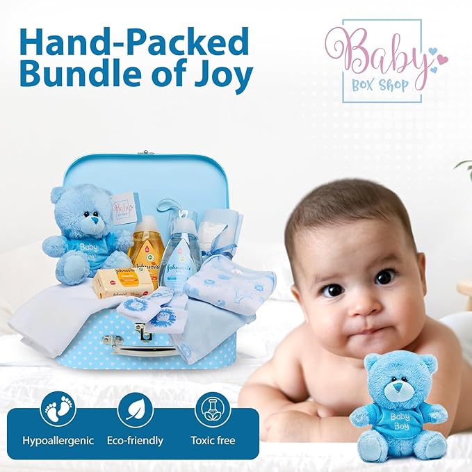 Baby Box Shop Baby Shower Gifts Boy - 12 pcs Newborn Essentials for New Born Baby Boy Gifts - New Baby Boy Gifts Set, Newborn Baby Boy Hamper Gift for Baby Boy - Newborn Baby Boy Gifts Set - Blue
