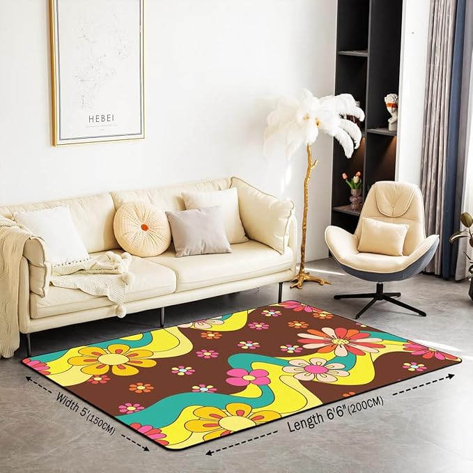 Erosebridal 70S Groovy Flowers Area Rug 5'x6'6'' Psychedelic Hippie Flower Carpet Groovy Floral Decorative Rug for Kids Girls Teen,Cute Boho Wavy Aesthetic Non Shedding Indoor Floor Mat