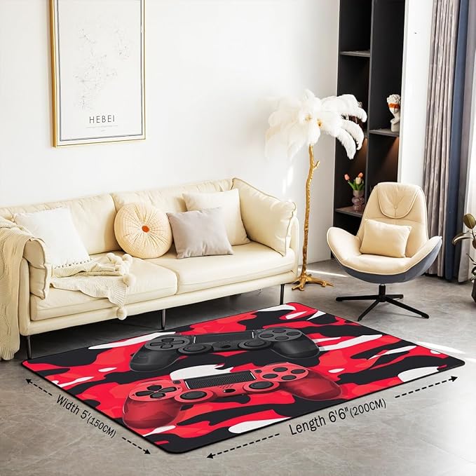Games Rug Gamepad Area Rug 5x6'6'' for Boys, Kids Video Games Carpet for Bedside, Modern Gamer Console Action Buttons Carpet for Playroom, Fashion Teens Red Black Camouflage Washable Accent Rug