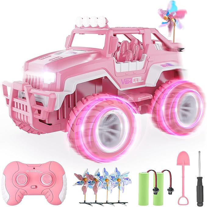 BEZGAR Remote Control Car for Girls - 1:16 Pink RC Cars with 4 Windmills, 2.4GHz with LED Lights, 80 Mins Play with Rechargeable Battery, Truck Jeep Toys for Kids