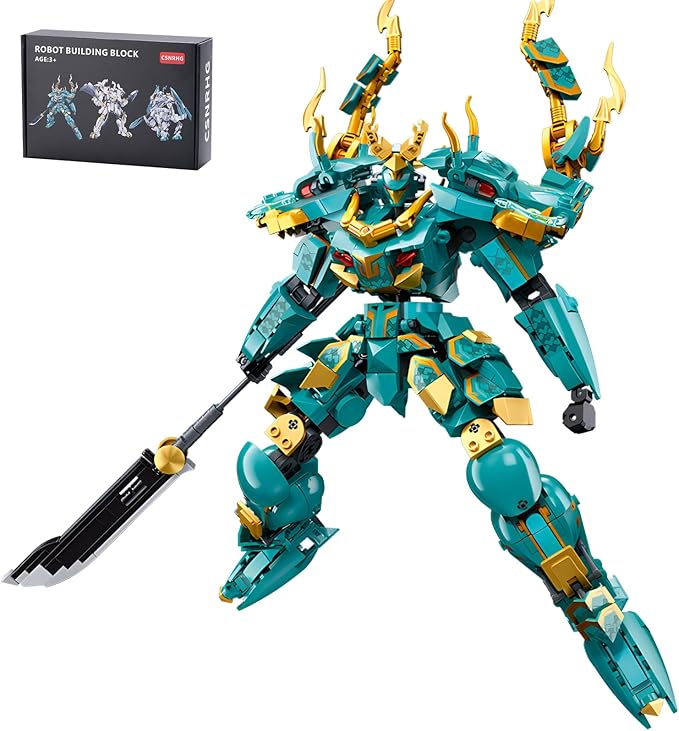 Green Dargon Samurai mech Robot with Long Spear Model Building Blocks Toy Set Mythical Birthday for Age 8+ Children Adults Teens 704 Pieces