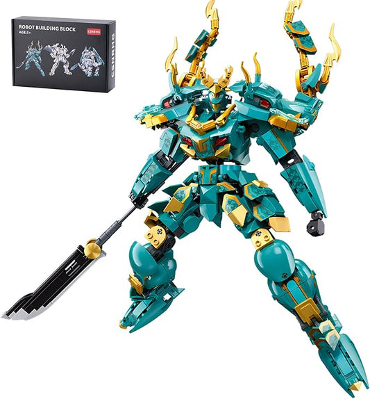 Green Dargon Samurai mech Robot with Long Spear Model Building Blocks Toy Set Mythical Birthday for Age 8+ Children Adults Teens 704 Pieces