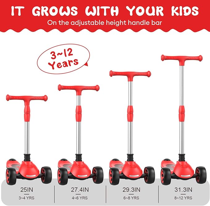 Kids Scooter,LED Lighted Wheels and 3 Adjustable Height Handlebars Scotters for Kids 3-12,3 Wheel 2-in-1 Toddler Kick Scotter for Boys & Girls up to 132 Lbs.