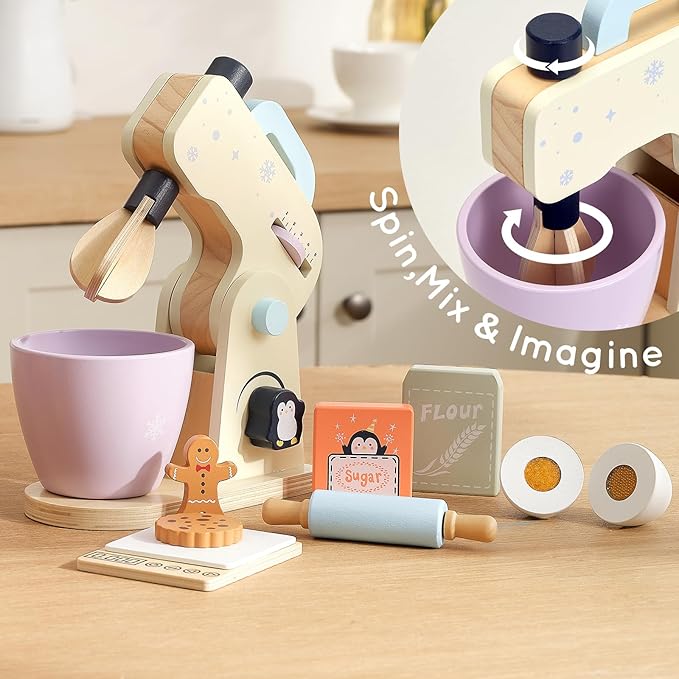 PairPear Wooden Toy Mixer for Kids Kitchen Playset –10 Piece Play Mixer Wooden Play Food Kitchen Cookie Bakery Toys, Kids Mixer Play Kitchen Accessories for Age 3+ Girls and Boys