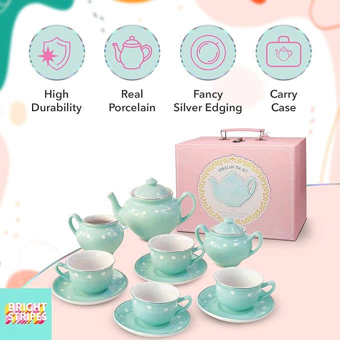 Bright Stripes Porcelain Tea Set for Kids - Premium Quality Pretend Play - 4 Cups, Saucers, Pot, Sugar, Creamer - Ideal for Girls