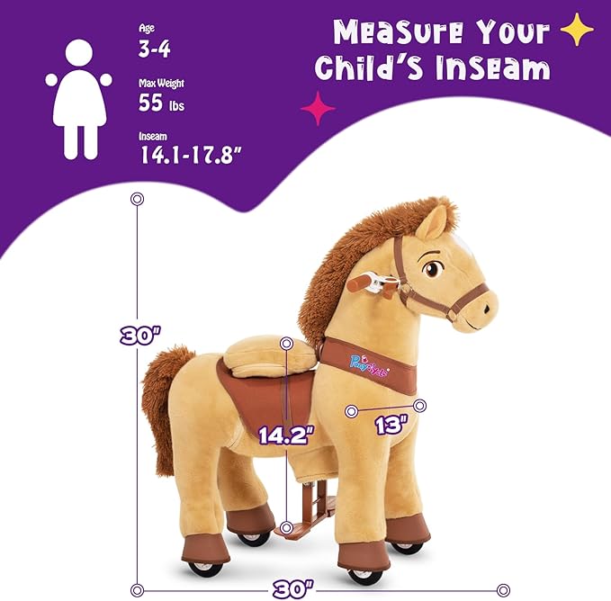 PonyCycle Ride on Horse Ride on Toys Riding Horse Ride on Pony for Toddlers 3-4 with Brake Essential Model E (30" Height/Size 3/ Light Brown) Riding Toys for Kids Gifts Plush Animal Pony Ride E336