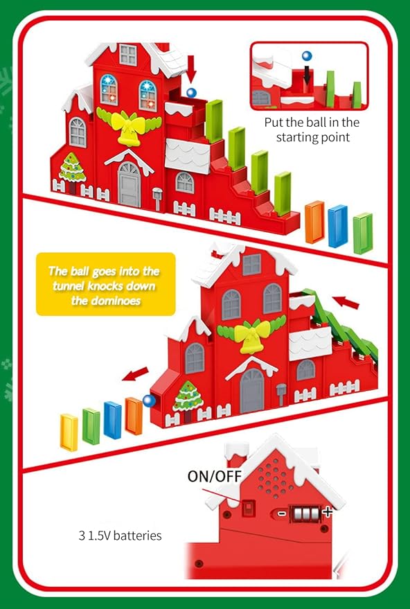 B-Qtech Domino Train Toy Set for Kids Christmas House, Automatic Electric Domino Train Dominoes Blocks Stacking Toys Creative Games New Year Gifts for Kids Boys Grils Ages 3-5 5-8