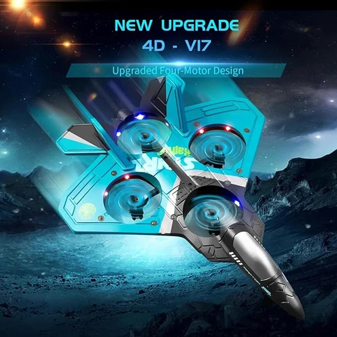 V17 Jet Fighter Stunt RC Plane - 2024 New Remote Control Airplane with 2.4GHz, 2 Batteries, 360° Stunt Spin, Durable Foam & Light RC Fighter Jet Airplane for Kid Boy (Blue with 2Pcs Battery)