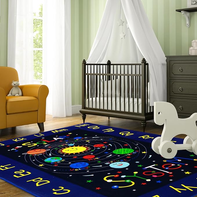 Large Area Rug 8x10 Outer Space Non-Slip Low Pile Solar System for Learning Galaxy Space Themed ABC Alphabet Soft Planet Kids Play for Classroom Bedroom Nursery Playroom Blue