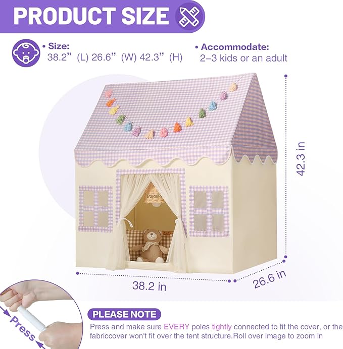 Kids Play Tent Indoor: Mat, Tassel Garland, Star Lights - Purple Checkered Girls Tent Playhouse for Toddlers Kids Toys for Boy Girl Birthday Gift