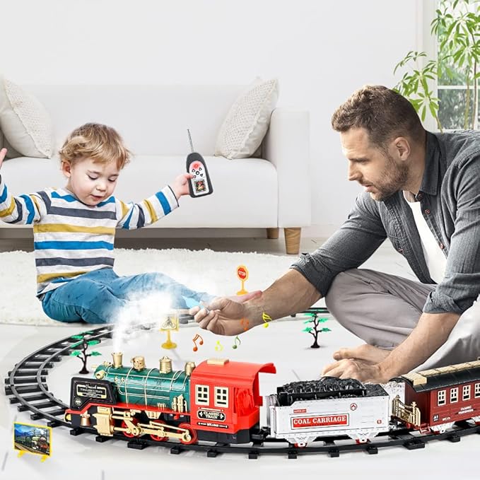 Remote Control Train Set - Electric R/C Train Toy for Kids w/Smokes,Lights & Sound,Railway Kits w/Steam Locomotive Engine,Cargo Cars & Tracks, Christmas Toys for 3 + Year Old Kids