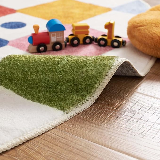 jinchan Round Rug 5ft Kids Washable Rug Colorful Trellis Indoor Floor Cover Non Slip Soft Modern Living Room Diamond Carpet for Nursery Room Bedroom Playroom Circus on Cream