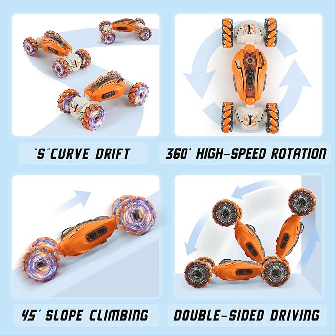 Gesture Sensing RC Car Hand Controlled Remote Control Car with Spray, 2.4Ghz All Terrain Remote Toy C-ar for Kids, Transformed Vehicle 360° Spins LED Present Speedcar for 3-12yr Boys Girls Orange