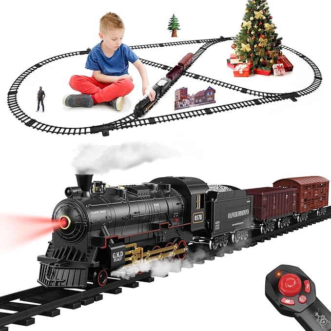 Train Set for Kids Remote Control Steam Locomotive Retro Train, with Railroad Carriages Long Tracks, Battery-Powered Model Train RC Toy Gift for Boys & Girls Ages 3-8