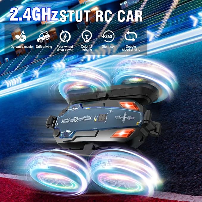 Remote-Control-Car-Stunt-RC-Car, New Upgraded 2.4Ghz 4WD Double-Sided 360° Rotating RC Crawler with Headlights & Wheel Lights, RC Truck Toy Cars Gift for Kids Boys and Girls Aged 6-12