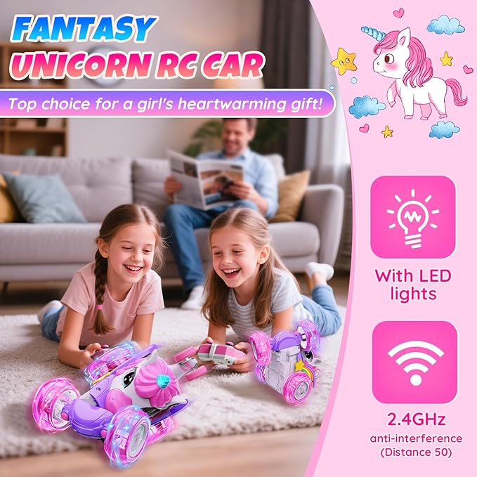 Unicorn Remote Control Car Toys for Girl - 360° Rotating Pink RC Stunt Cars 4WD Remote Cars for Kids, 2.4GHz Toy Car USB Direct Charging with LED Lights, Birthday Gift for 3 4 5 6 7 8 9 Year Old Girl