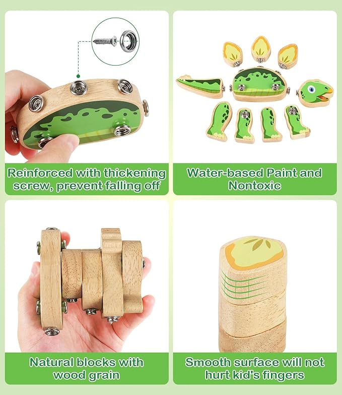 Dinosaur Wooden Toys,Snap on Dino Together Building Blocks,Take Apart Playset, STEM Montessori Educational Fine Motor Skill Learning Birthday Gift for 3 4 5 6+ Years Old Boy Girl Kids