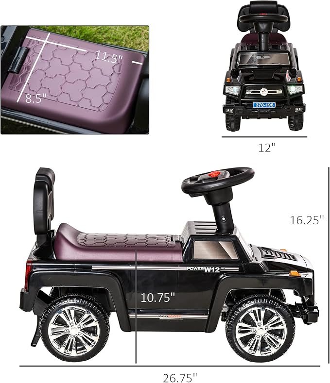 Aosom Kids Ride on Push Car, SUV Style Sliding Walking Car for Toddle with Horn, Music, Working Lights, Hidden Storage and Anti-Dumping System, Black