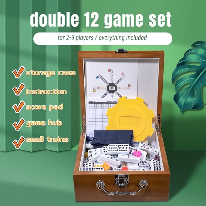 Mexican Dominoes Set in WoodenCase Double 12 Color Dotted Set with Acrylic Hub, 91 Color Dot Tiles, 9 Trains, Family Game for Adults (Color Dotted)