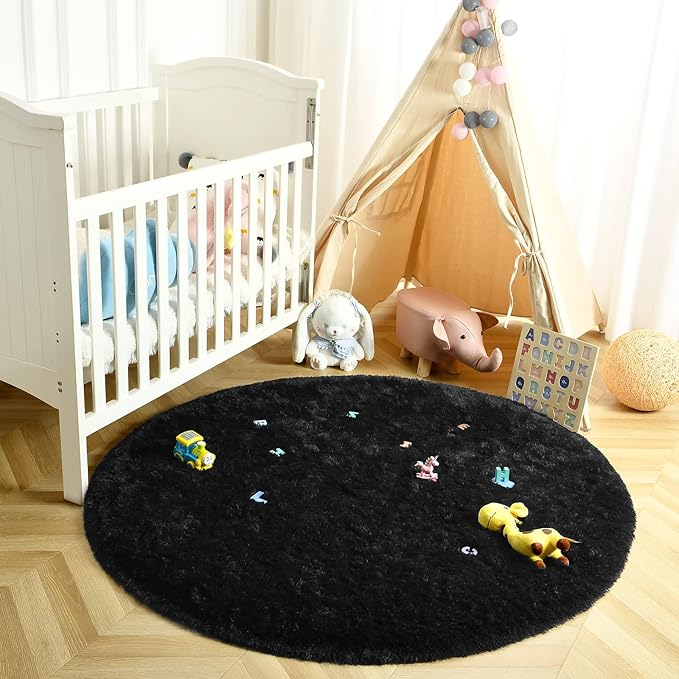 LOCHAS Luxury Round Fluffy Area Rugs for Bedroom Kids Girls Room Nursery, Super Soft Circle Rug, Cute Shaggy Carpet for Children Living Room, 4x4 Feet Black