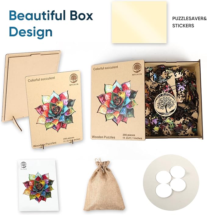 Puzzles for Adults, Colorful Succulent Wooden Puzzles 200 Pieces, 5MM Thick Unique Shaped Flower Jigsaw Puzzles Birthday Gifts for Kids Family Game 11.1 * 11.2inch