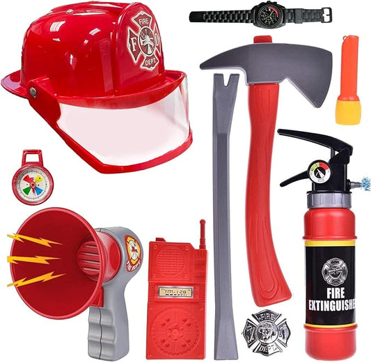 Liberty Imports 10 PCs Fireman Gear Firefighter Costume Role Play Career Dress Up Starter Toy Accessories Pretend Play Set with Helmet, Tools for Kids, Toddlers