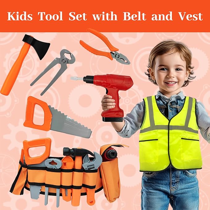 Kids Tool Set 55 PCS Toddler Tool Set with Electronic Toy Drill Pretend Play Construction Toys Kit with Tool Belt Toys Toys for Boys Girls Ages 2 3 4 5 (Orange)
