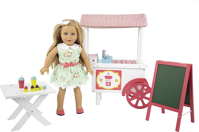 Playtime by Eimmie 18 Inch Doll Furniture Café Food Cart Set - Wooden Playset with Accessories, Fits American, Generation, My Life & Similar 14”-18” Dolls