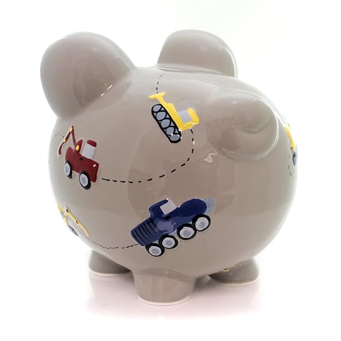 Child to Cherish Ceramic Piggy Bank for Boys, Construction Trucks, Grey