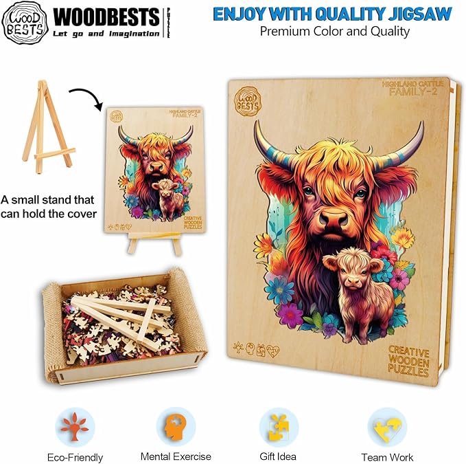 WOODBESTS Wooden Puzzles for Adults, Highland Cattle Family Puzzle (S, 80pcs, 6.8"x8.5") Adult Puzzles, Wooden Jigsaw Puzzles Unique Shape, Birthday Gifts for Adults and Kids Family Game