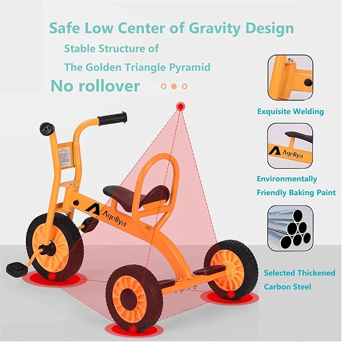 Kids Tricycle for Preschool Ages 3+, Ideal Outdoor Playground & Daycare Yard Trike, Durable Metal Pedal Trike, Sturdy Carbon Steel Frame, Solid Rubber Wheels, for Boys and Girls