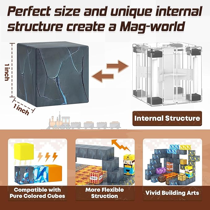 Magnetic Blocks-Build Mine Magnet World Pickaxe Edition Mine Pickaxe Caverns Kids Games Toddler Toys Magnetic Tiles for Boys & Girls Age 3-4 4-5 6-8, Sensory Outdoor Toys for Kids for 3+