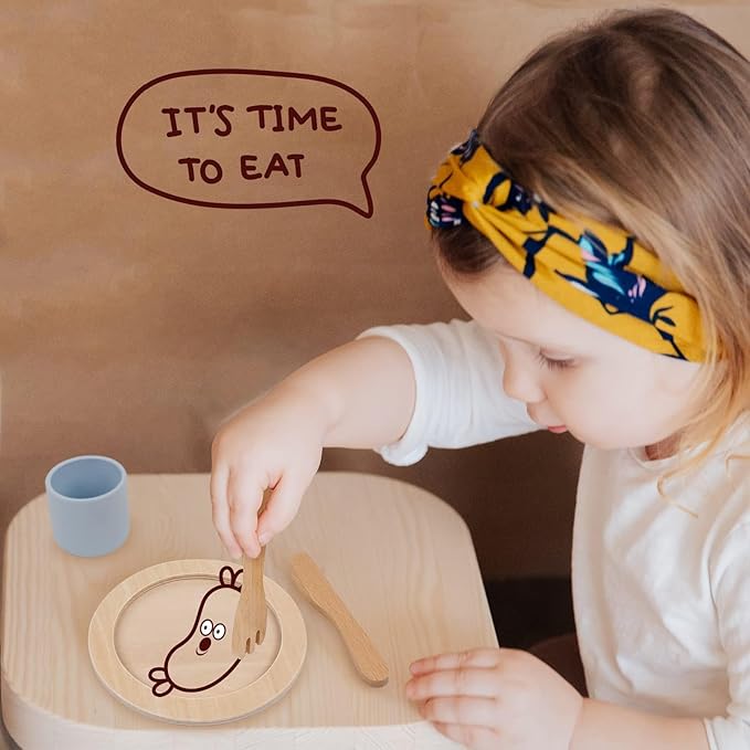 Wooden Toy Plates and Dishes Set,Play Kitchen Cutlery and Plate Set,21Piece Kids Kitchen Playset Accessories for Toddlers Boys Girls Ages 3+