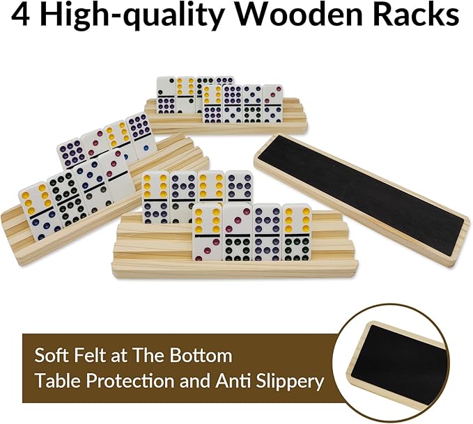 Double 9 Dominoes Set with 4 Wooden Trays/Racks, Double Nine Dominos Travel Set with 4 Domino Tiles Holders, 55 Tiles Dominoes Game Set with Portable Case for Families