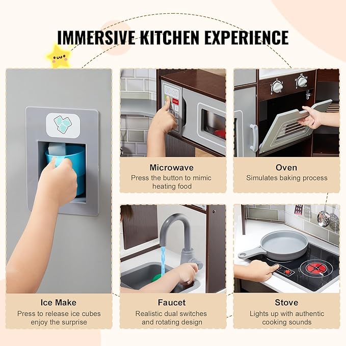 VEVOR Interactive Wooden Toy Play Kitchen Playset for Kids with Lights and Sounds, Corner Design with Ice Maker, Oven, Sink, Clock, Microwaves, Refrigerator and Accessories, for Girls & Boys, Brown