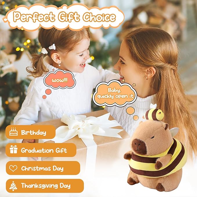 Capybara Plush Toy Kawaii Stuffed Animals with Bee Costume Soft Cute Plushies Capybara Doll for Girls Boys Kids Birthday Valentine Gift Room Decor 12 Inch